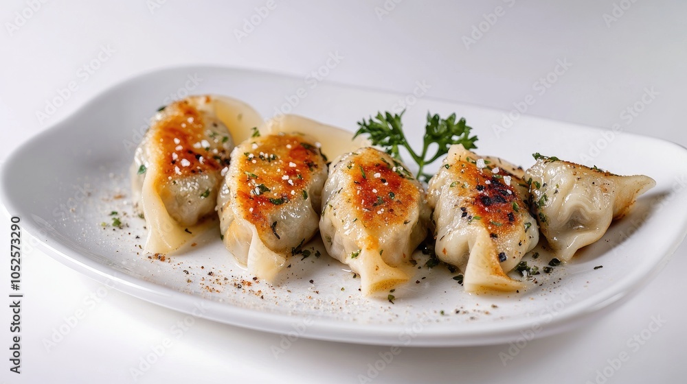 Delicious Pan-Fried Dumplings on a White Plate Delicious Pan-Fried Dumplings on a White Plate