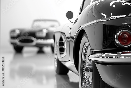 Vintage vehicles with polished exteriors and reflective chrome, displayed against a minimalist backdrop-4