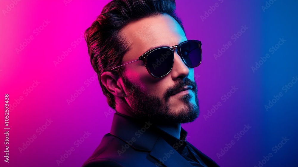 Fototapeta premium Portrait of a stylish man wearing sunglasses and a suit, illuminated by colorful lights.