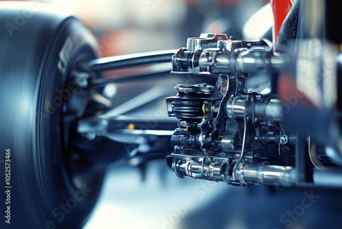 Detailed shot of a Formula 1 suspension system, with blurred racetrack lines emphasizing speed-1