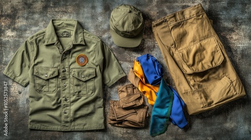 A Boy Scout uniform with a short-sleeve shirt, pants, cap, neckerchief, and scout badge.