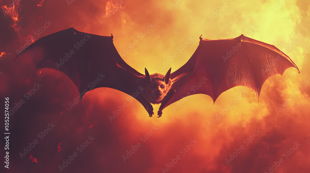 Fototapeta premium Vivid Bat Flying Through a Sunset Sky with a Central Text Area for Banner Card Wallpaper Design