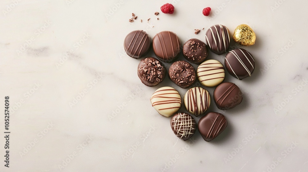 Chocolates atop white countertop, surrounded by raspberries & cake Chocolates atop white countertop, surrounded by raspberries & cake