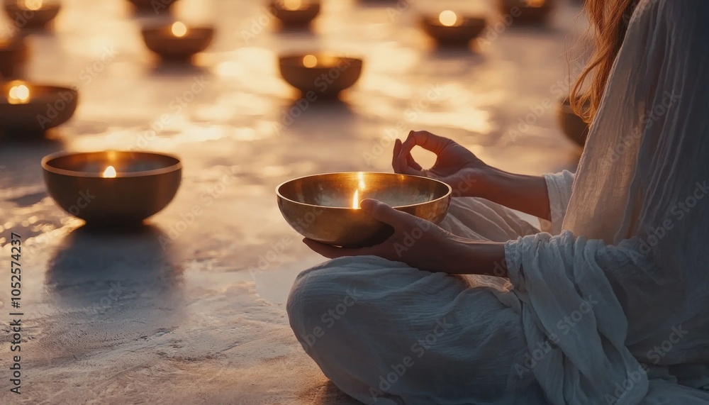 Fototapeta premium Peaceful Meditation with Tibetan Singing Bowl at Sunset