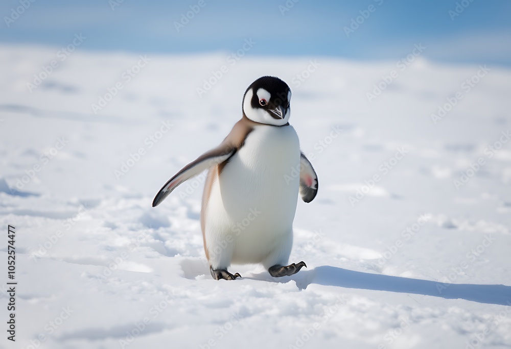 Obraz premium Portrait of a penguin in a snowy landscape. Playful, happy animal. Soft sunset background.