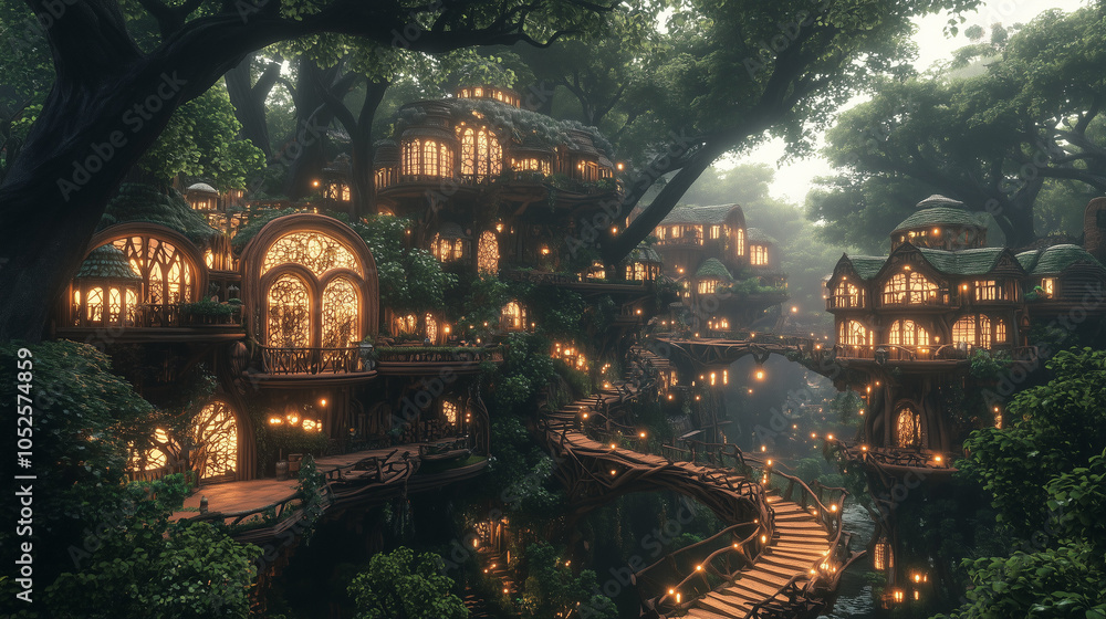 Fototapeta premium Village heroic fantasy d’elfes dans la forêt enchantée