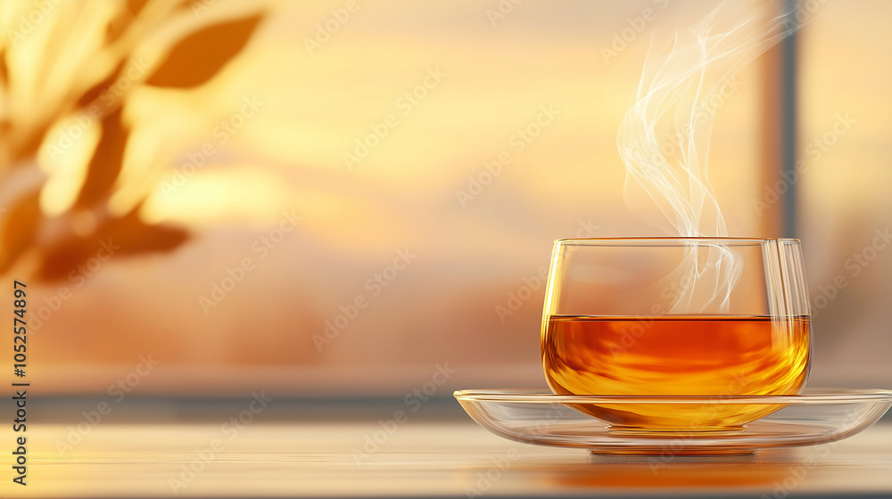 An artistic close-up shot of a clear glass tea cup filled with amber-colored tea, sitting on a sleek glass saucer. Soft vapor rises gracefully from the tea, adding warmth to the co An artistic close-up shot of a clear glass tea cup filled with amber-colored tea, sitting on a sleek glass saucer. Soft vapor rises gracefully from the tea, adding warmth to the co
