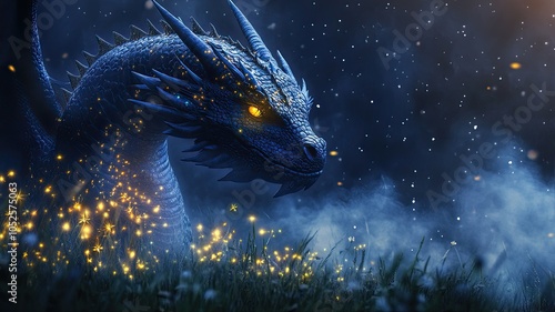 Majestic dragon emerging from the mist under a starry night sky in an enchanted forest photo