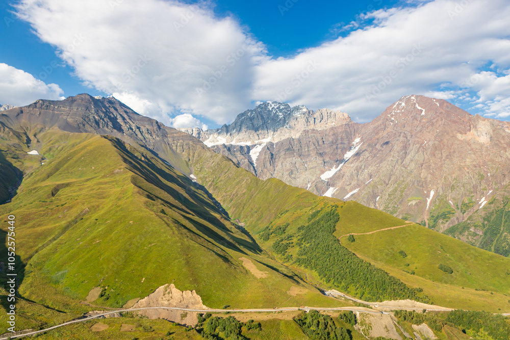 Scenic summer view of Zagar Pass, a high mountain pass at an elevation of 2.620m, from Ushguli in Upper Svaneti To Sasashi village in Lower Svaneti, Racha-Lechkhumi and Kvemo Svaneti region of Georgia