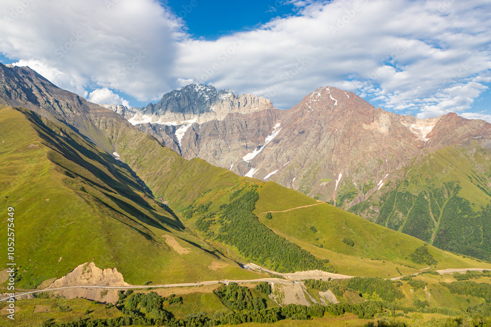 Scenic summer view of Zagar Pass, a high mountain pass at an elevation of 2.620m, from Ushguli in Upper Svaneti To Sasashi village in Lower Svaneti, Racha-Lechkhumi and Kvemo Svaneti region of Georgia