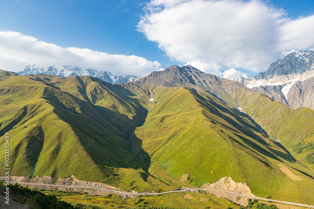 Scenic summer view of Zagar Pass, a high mountain pass at an elevation of 2.620m, from Ushguli in Upper Svaneti To Sasashi village in Lower Svaneti, Racha-Lechkhumi and Kvemo Svaneti region of Georgia
