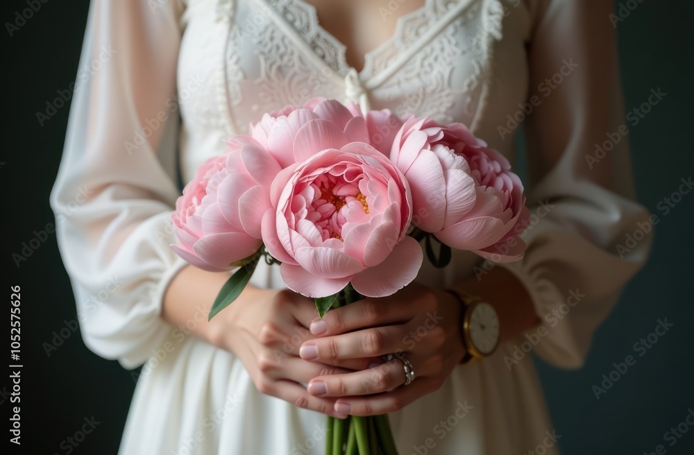 No face portrait of elegant woman with pink peonies bouquet in white dress. No face portrait of elegant woman with pink peonies bouquet in white dress.