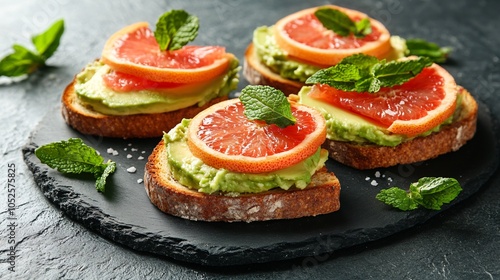 Avocado toast with grapefruit slices and mint, arranged on a gray slate plate, surrounded by fresh mint leaves and a sprinkle of sea salt