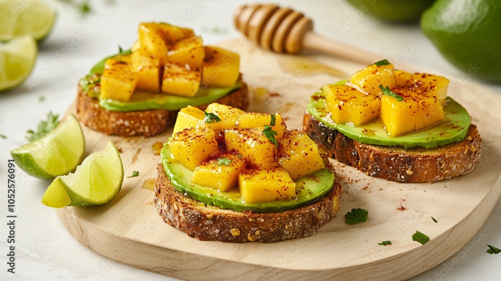 Avocado toast with mango slices and chili powder, isolated on a light wooden board, surrounded by lime wedges and a drizzle of honey Avocado toast with mango slices and chili powder, isolated on a light wooden board, surrounded by lime wedges and a drizzle of honey