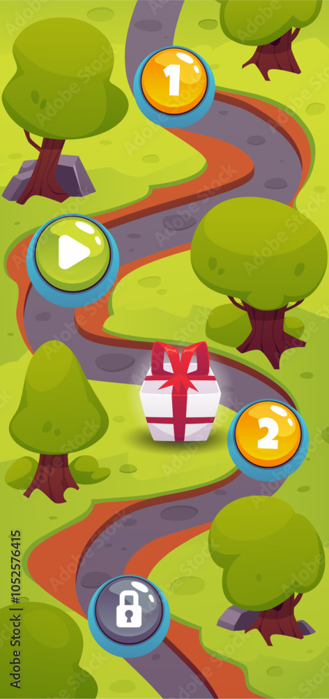 Obraz premium A vector map of the game's levels with a vertical image of a summer landscape