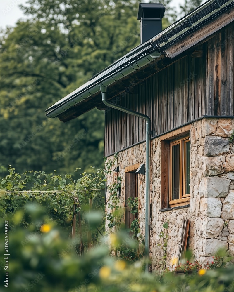 Rustic Stone and Wood House in Lush Green Garden, Countryside Living ...
