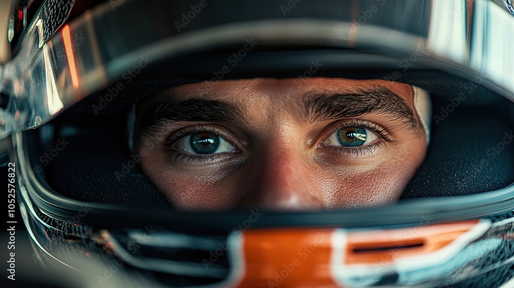 Close-up of a driver eyes through the visor of a race helmet, capturing the fierce concentration of a competitive racer before the start of the event Close-up of a driver eyes through the visor of a race helmet, capturing the fierce concentration of a competitive racer before the start of the event