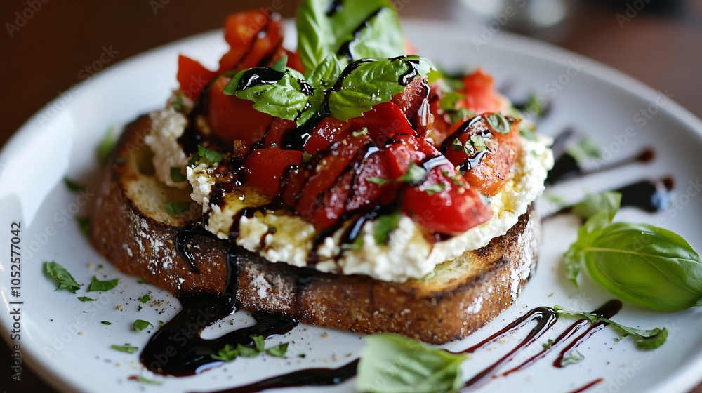 Avocado toast with roasted red peppers and ricotta, served on a white plate, surrounded by fresh basil and a drizzle of balsamic glaze Avocado toast with roasted red peppers and ricotta, served on a white plate, surrounded by fresh basil and a drizzle of balsamic glaze