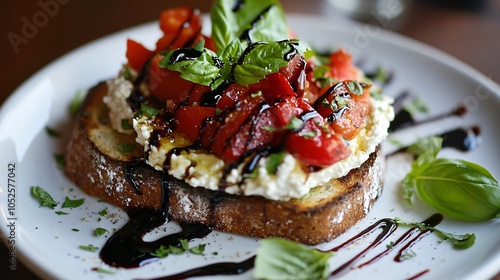 Avocado toast with roasted red peppers and ricotta, served on a white plate, surrounded by fresh basil and a drizzle of balsamic glaze