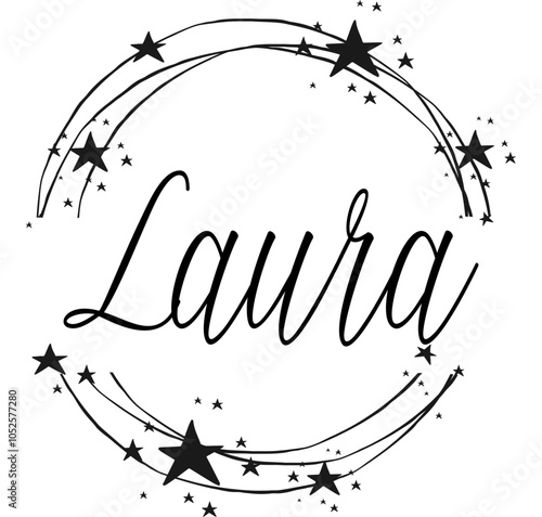 Laura - name written between circles and stars, round logo, vector graphics for parties and Christmas period, banners, cards, sweatshirt, prints, cricut, silhouette, sublimation

