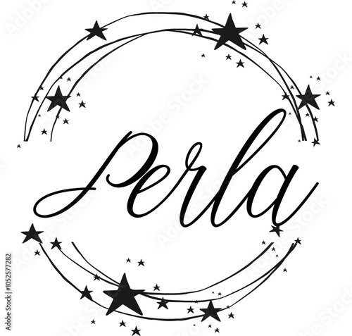 perla - name written between circles and stars, round logo, vector graphics for parties and Christmas period, banners, cards, sweatshirt, prints, cricut, silhouette, sublimation

