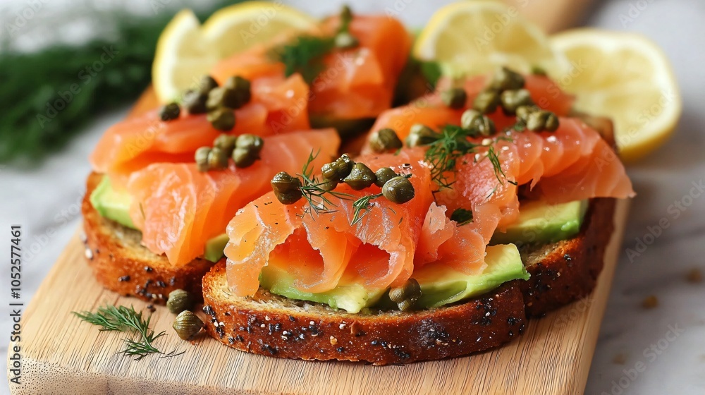 Avocado toast with smoked salmon, placed on a light wooden board, garnished with capers, dill, and lemon wedges Avocado toast with smoked salmon, placed on a light wooden board, garnished with capers, dill, and lemon wedges