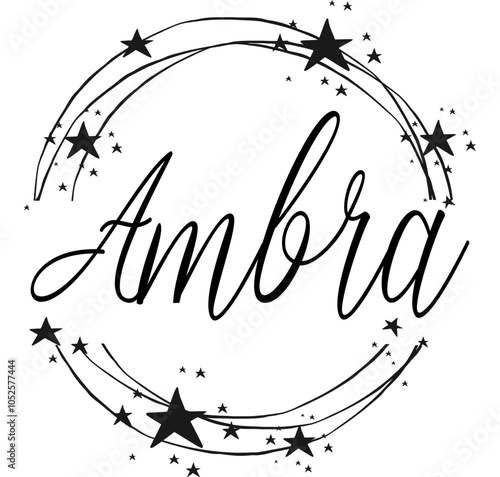 Ambra - name written between circles and stars, round logo, vector graphics for parties and Christmas period, banners, cards, sweatshirt, prints, cricut, silhouette, sublimation

