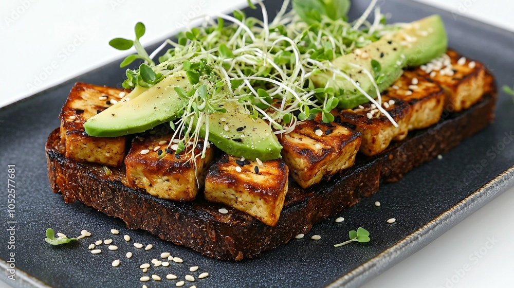 Avocado toast with smoked tofu and sprouts, arranged on a charcoal plate, garnished with sesame seeds and fresh herbs on a clean white backdrop Avocado toast with smoked tofu and sprouts, arranged on a charcoal plate, garnished with sesame seeds and fresh herbs on a clean white backdrop