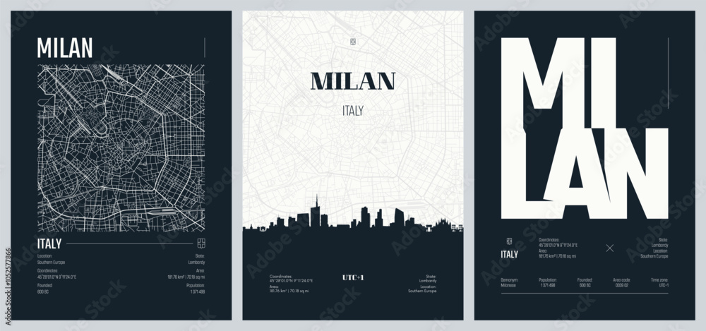 Obraz premium Set of travel posters with Milan, detailed urban street plan city map, Silhouette city skyline, vector artwork, set 2