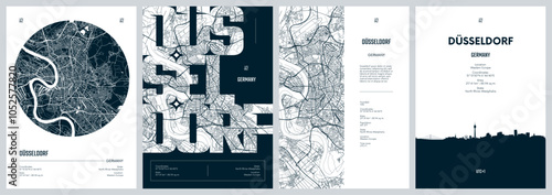 Set of travel posters with Dusseldorf, detailed urban street plan city map, Silhouette city skyline, vector artwork