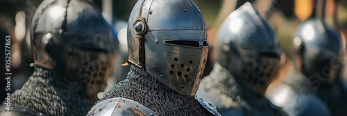 Lined up knights in armor and chainmail, standing unified and solemn, symbolizing strength and brotherhood in battle. photo