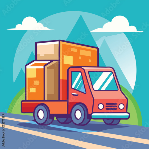 Red delivery truck with boxes driving on a road