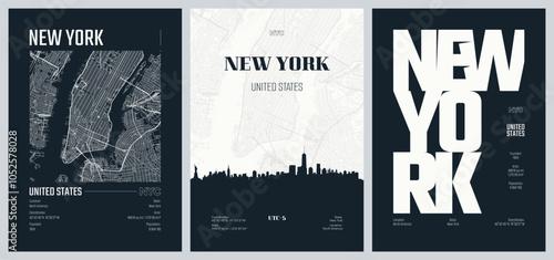 Set of travel posters with New York City, detailed urban street plan city map, Silhouette city skyline, vector artwork, set 2