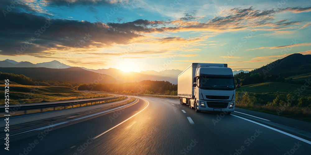 A large truck drives on an open highway with a stunning sunset in the background, representing travel and freedom. A large truck drives on an open highway with a stunning sunset in the background, representing travel and freedom.