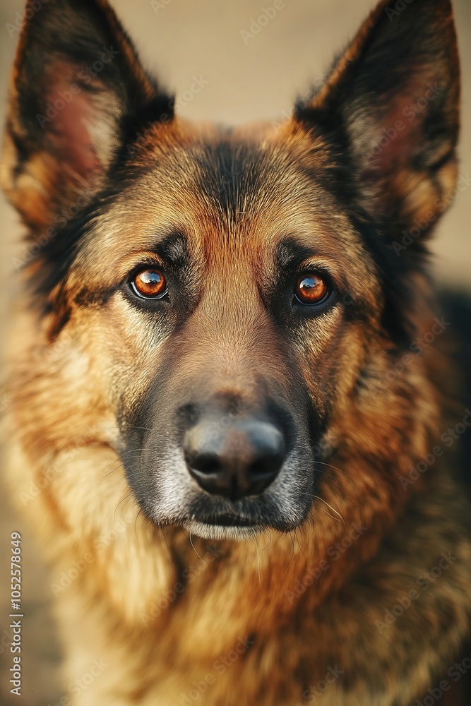 A German Shepherd with a focused gaze and striking eyes, showcasing loyalty and alertness, framed close-up. A German Shepherd with a focused gaze and striking eyes, showcasing loyalty and alertness, framed close-up.