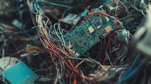 A Close-Up of a Circuit Board and Wires in a Pile of E-Waste photo