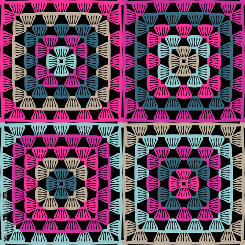 Pattern with crochet granny square with flowers wallpaper handmade decorative art design print	