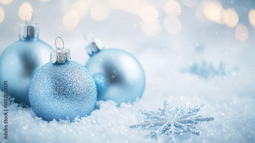 Winter Wonderland: A trio of delicate blue Christmas ornaments nestled in pristine white snow, adorned with a glistening snowflake, evokes a sense of tranquility and festive cheer. Winter Wonderland: A trio of delicate blue Christmas ornaments nestled in pristine white snow, adorned with a glistening snowflake, evokes a sense of tranquility and festive cheer.