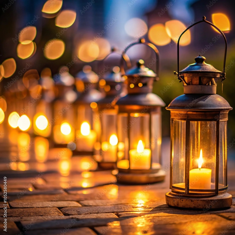 Row of lit lanterns with warm candlelight and bokeh effect Row of lit lanterns with warm candlelight and bokeh effect