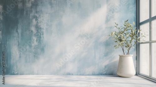 Rustic Textured Wall with Color-Washed Technique in Snowy Blue, Icy Silver, and Crystal White, with Matching Potted Plants Decor