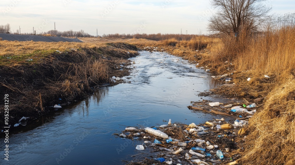 Obraz premium Plastic Pollution Accumulating in a Rural Stream