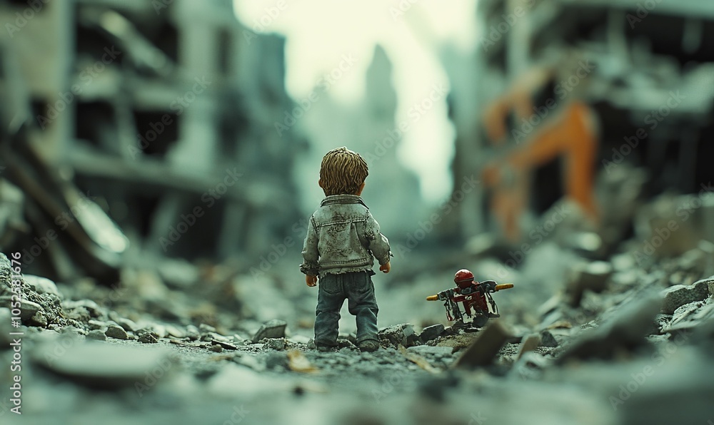 A lone figure walks through rubble. A lone figure walks through rubble.