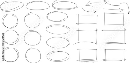 Set of doodle handdrawn highlight, arrows, text underline strokes and marks. Collection of sketch elements of circles, ellipses, rectangles, squares, ovals, marks. Brush doodle shape for message notes