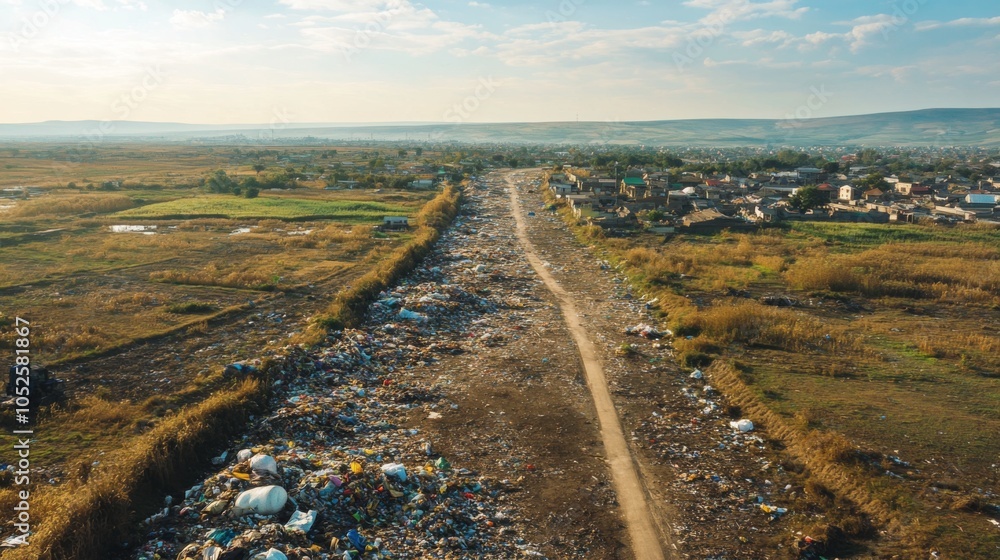Naklejka premium Aerial View of a Dirt Road Running Through a Large Landfill