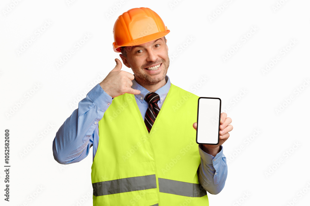 Call Me. Builder Workman Showing Cellphone Blank Screen Gesturing Recommending Building And Repair Services Over White Studio Background. Mockup Call Me. Builder Workman Showing Cellphone Blank Screen Gesturing Recommending Building And Repair Services Over White Studio Background. Mockup