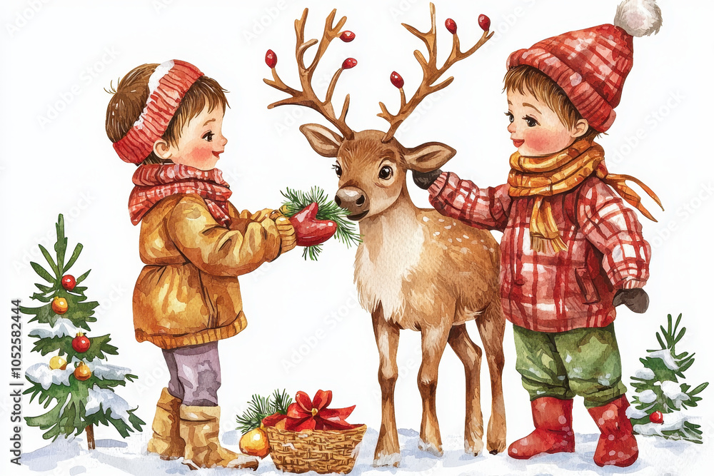 Fototapeta premium A charming winter scene featuring two children in cozy attire, interacting with a reindeer amidst Christmas decorations and snow.