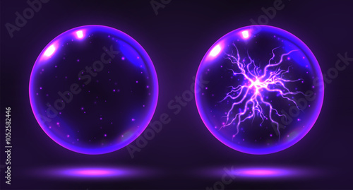 Purple crystal magic ball, mystic prophecy orb with lightning inside, oracle sphere with sparkling stars and electric charge. Fantasy vector illustration.