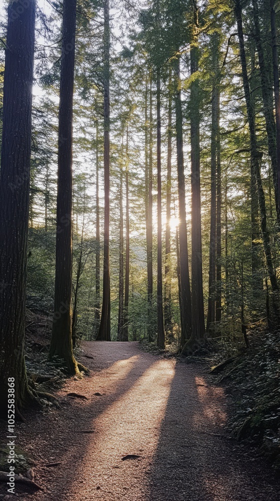 Obraz premium Forest Path at Sunset: A serene woodland path bathed in the golden glow of the setting sun, inviting exploration and tranquility. The tall trees stand as silent guardians.
