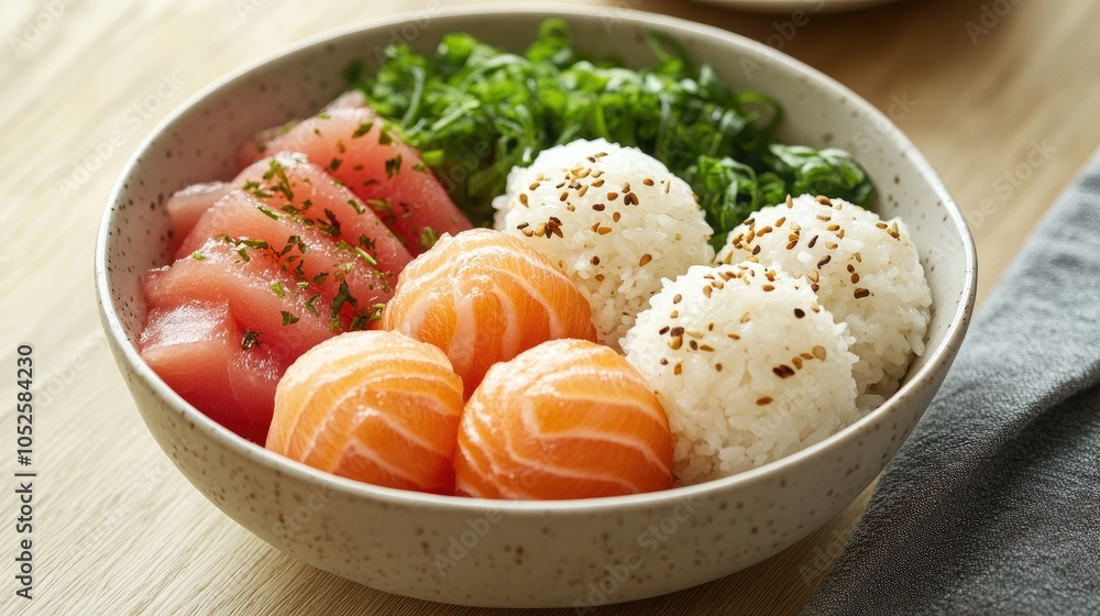 Deconstructed sushi bowl with salmon, tuna, rice and seaweed filling a bowl Deconstructed sushi bowl with salmon, tuna, rice and seaweed filling a bowl