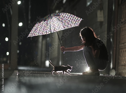  Girl holding an umbrella over a homeless kitten on a rainy evening on a street illuminated by streetlights.